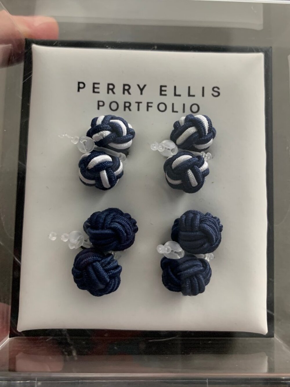 Perry Ellis Portfolio Men's 2-Pair Silk Knot Cufflinks, Navy Blue and White